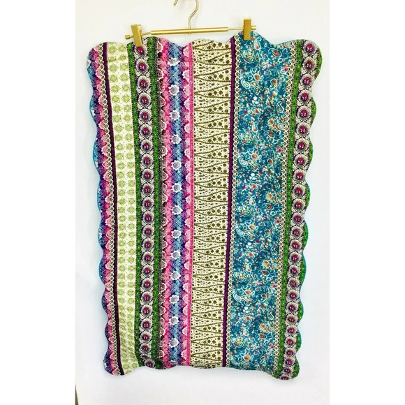 Vintage Floral Paisley Indian Striped Pillow Sham Scalloped Embroidered Border l - Picture 1 of 8